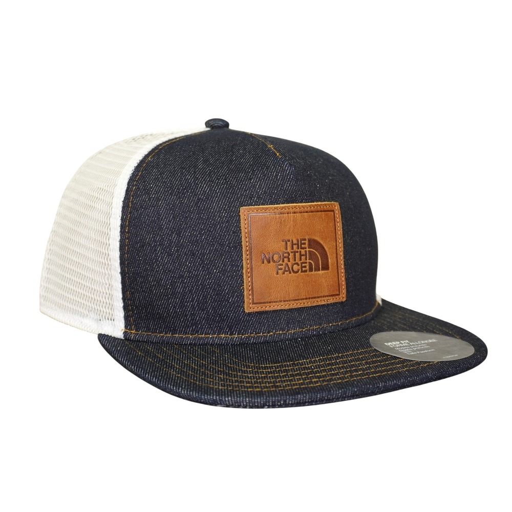 The North Face Half Dome Trucker Hat Blue Denim Leather Patch Mesh Cap Snapback